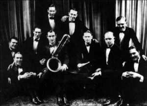 B&W Photo of Frankie Trumbauer's Orch. with a bass saxophone